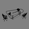 Modern Conference Table With White Tabletop Black Base Laptop Flower Vase Two White Office Chairs
