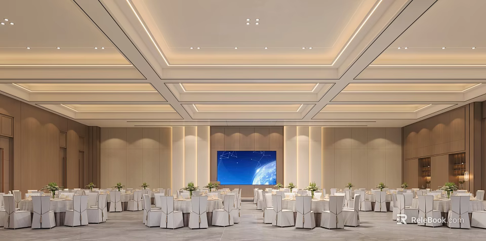 Elegant Spacious Modern Banquet Hall With Neat Dining Sets And Warm Ceiling Lighting For Events 3d model 
