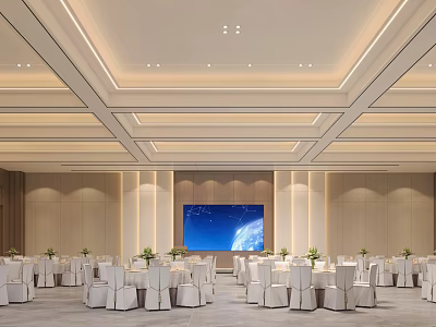 Elegant Spacious Modern Banquet Hall With Neat Dining Sets And Warm Ceiling Lighting For Events 3d model