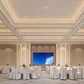Elegant Spacious Modern Banquet Hall With Neat Dining Sets And Warm Ceiling Lighting For Events