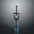 Ornate Mythical Sword With Red Black Hilt And Blue Rune Engraved Blade