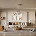 Elegant Modern Living Room Interior With Chandelier Decorative Paintings Sofa Pillows And Plants