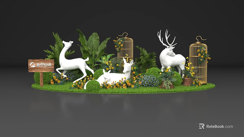Gardenia Themed Floral Display with White Deer Sculptures Birdcages Green Plants and Yellow Flowers 3d model 