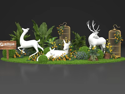 Gardenia Themed Floral Display with White Deer Sculptures Birdcages Green Plants and Yellow Flowers 3d model