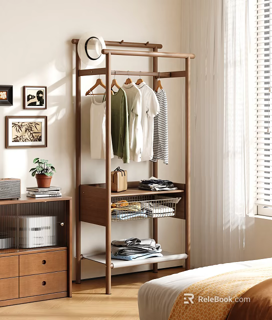 Wooden Open Wardrobe with Hanging Clothes Folded Shelf Storage Basket Potted Plant and Picture Frames 3d model 