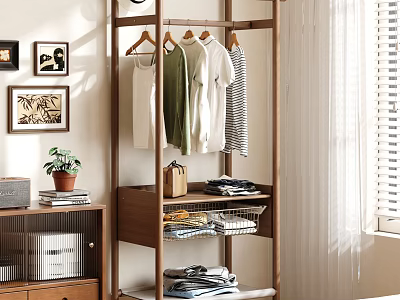 Wooden Open Wardrobe with Hanging Clothes Folded Shelf Storage Basket Potted Plant and Picture Frames 3d model