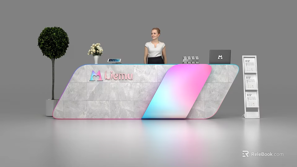 Modern Gradient Reception Desk With Marble Surface Flower Vase Tablet And Potted Plant 3d model