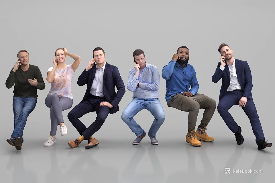 Group of Diverse People with Various Poses Sitting on Gray Background 3d model 