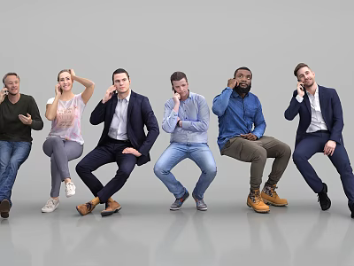 Group of Diverse People with Various Poses Sitting on Gray Background 3d model