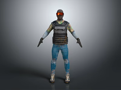 Tactical Character Wearing Orange Goggles Black Tactical Vest Blue Jeans And White Boots With Gloves 3d model