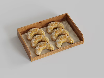Perfectly Arranged Fresh Croissants Dusted with Powdered Sugar in Wooden Tray 3d model
