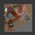 Construction Site Components 3D Model With Red Crane Blue Tank White Poles And Building Modules