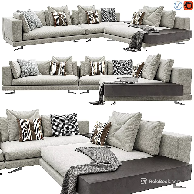 Light Gray L Shaped Two Seater Sofa With Patterned Throw Pillows And Cozy Blanket 3d model