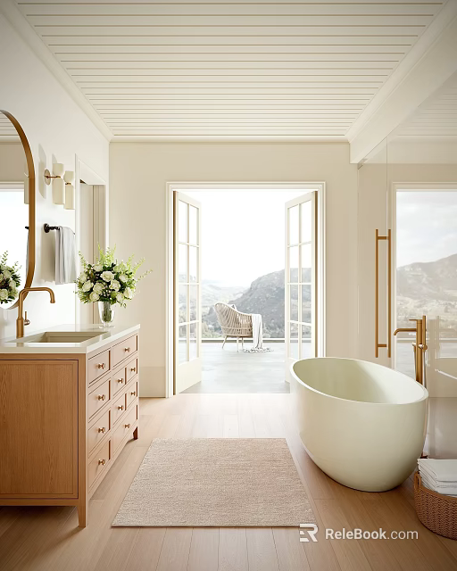 Luxurious Bathroom Interior With Wooden Vanity Mirror Open Doors Mountain View And Free Standing Bathtub 3d model 