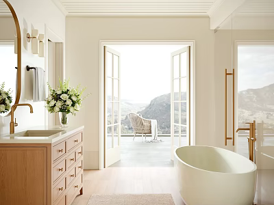 Luxurious Bathroom Interior With Wooden Vanity Mirror Open Doors Mountain View And Free Standing Bathtub 3d model