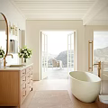 Luxurious Bathroom Interior With Wooden Vanity Mirror Open Doors Mountain View And Free Standing Bathtub