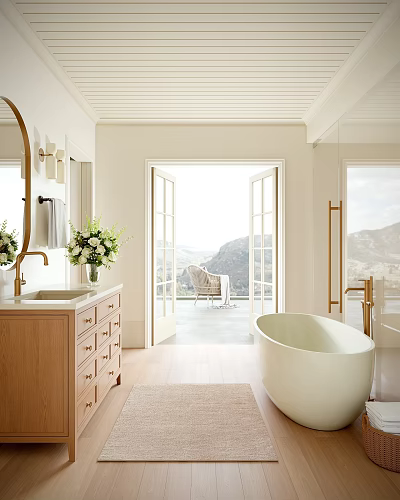 Luxurious Bathroom Interior With Wooden Vanity Mirror Open Doors Mountain View And Free Standing Bathtub 3d model