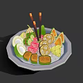Assorted Food Platter Featuring Sliced Mango Sushi Rolls Boiled Eggs Green Veggies Chopsticks On Ice
