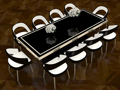 Black Dining Table Set With White Chairs White Flower Bouquets On Brown Parquet Floor 3d model