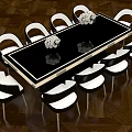 Black Dining Table Set With White Chairs White Flower Bouquets On Brown Parquet Floor