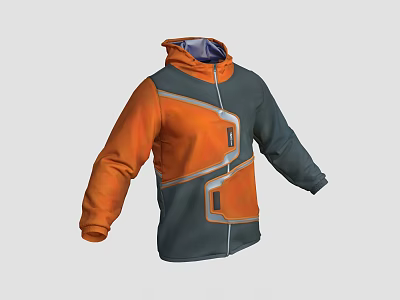 Orange And Dark Gray Color Block Hooded Jacket With Zipper Closure And Front Pockets 3d model