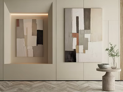Abstract Painting For Modern Interior Decor With Neutral Tones Geometric Shapes And Minimalist Side Table 3d model