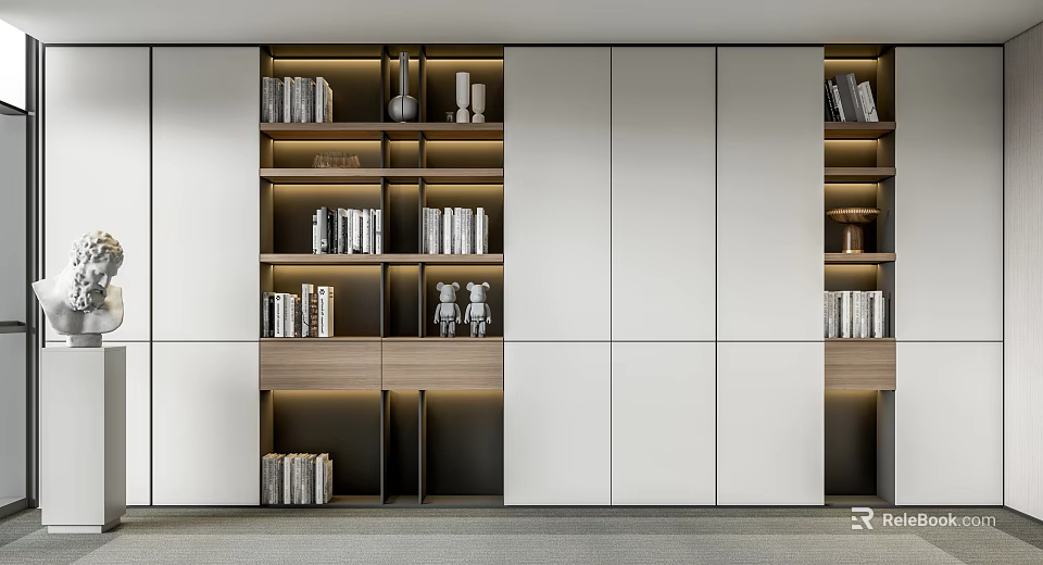 Modern Wooden And White Bookshelf Design With Multiple Shelves LED Lighting And Decorative Items 3d model 