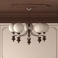 Chandelier With Five White Spherical Lampshades Dark Wood And Metal Frame Beige Walls Decorative Lines