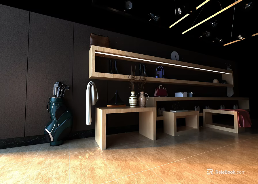 Modern Interior Design With Wooden Shelf Vase Flowers Decorative Items Dark Walls And Wooden Tables 3d model 