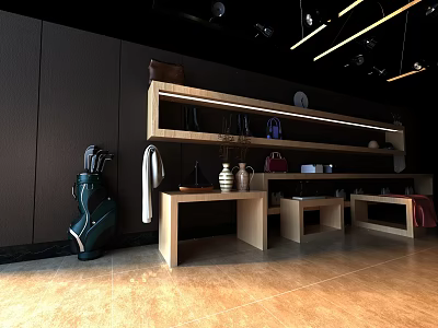 Modern Interior Design With Wooden Shelf Vase Flowers Decorative Items Dark Walls And Wooden Tables 3d model