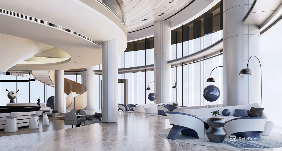Elegant Modern Hotel Lobby With Floor to Ceiling Windows Marble Columns and Sofa Seating Areas 3d model 