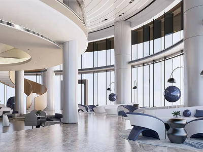 Elegant Modern Hotel Lobby With Floor to Ceiling Windows Marble Columns and Sofa Seating Areas 3d model