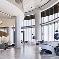 Elegant Modern Hotel Lobby With Floor to Ceiling Windows Marble Columns and Sofa Seating Areas