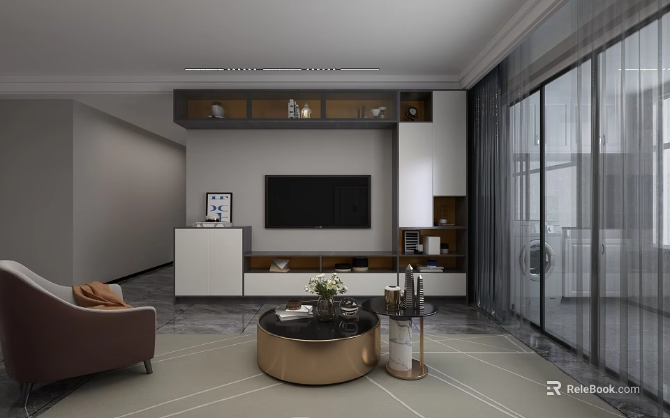Modern Minimalist Living Room With Custom Full Wall TV Cabinet And Round Coffee Table 3d model 