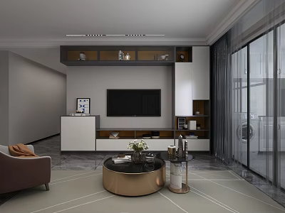 Modern Minimalist Living Room With Custom Full Wall TV Cabinet And Round Coffee Table 3d model
