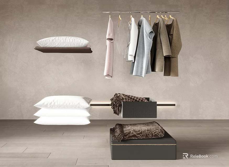 Modern Stylish Clothes Hanging On Hangers With White Pillows And Folded Blankets 3d model 