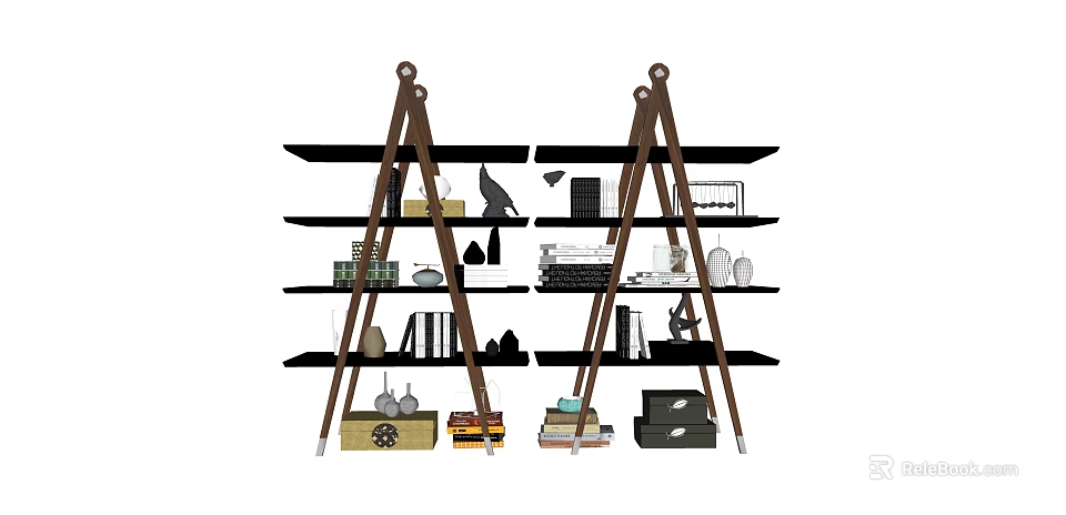 Modern Ladder Bookshelf Design With Wooden Shelves And Decorative Items 3d model 