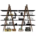 Modern Ladder Bookshelf Design With Wooden Shelves And Decorative Items