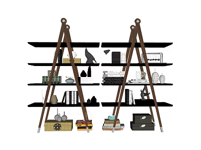 Modern Ladder Bookshelf Design With Wooden Shelves And Decorative Items 3d model