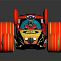 Cartoon Style Toy Race Car With Red Yellow Black Body Large Wheels And Decorative Details