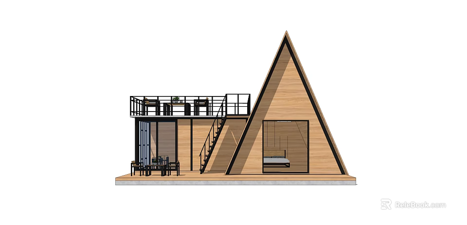 Modern Triangular Wooden House with Balcony Staircase and Bedroom Swing Chair 3d model 