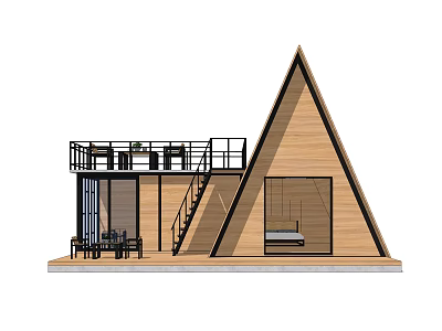 Modern Triangular Wooden House with Balcony Staircase and Bedroom Swing Chair 3d model