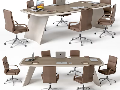 Modern Office Conference Table With Ergonomic Chairs And Laptops On Surface 3d model