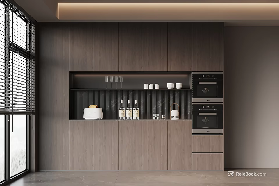 Modern Dark Wooden Sideboard with Open Shelves Glassware Cups and Appliances 3d model 