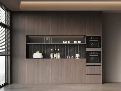 Modern Dark Wooden Sideboard with Open Shelves Glassware Cups and Appliances 3d model