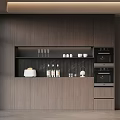 Modern Dark Wooden Sideboard with Open Shelves Glassware Cups and Appliances