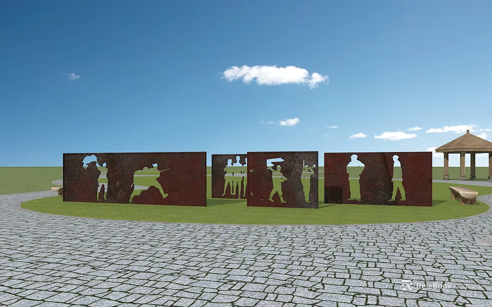 Feature Wall Rustic Brown Panels With Human Silhouette Patterns In Grass Field Blue Sky 3d model
