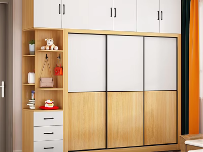 Modern Wooden Wardrobe With Sliding Doors Open Shelves And Drawer Storage 3d model