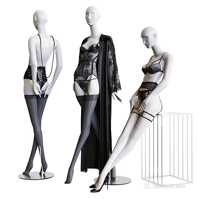 Mannequins Displaying Elegant Black Lingerie With Corset Lace Bra Garter Belt And Stockings 3d model 