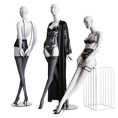 Mannequins Displaying Elegant Black Lingerie With Corset Lace Bra Garter Belt And Stockings 3d model